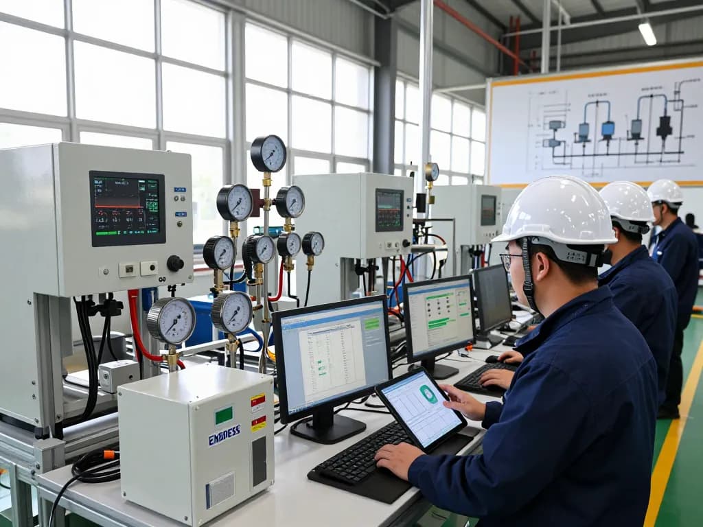 Engineer inspecting Endress Hauser measurement instruments in a modern industrial facility, showcasing automation technology.