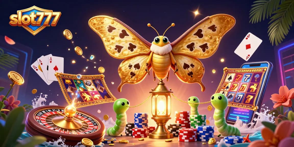 Experience the excitement of slot777 with a vibrant casino scene featuring golden moths and sparkling gems.
