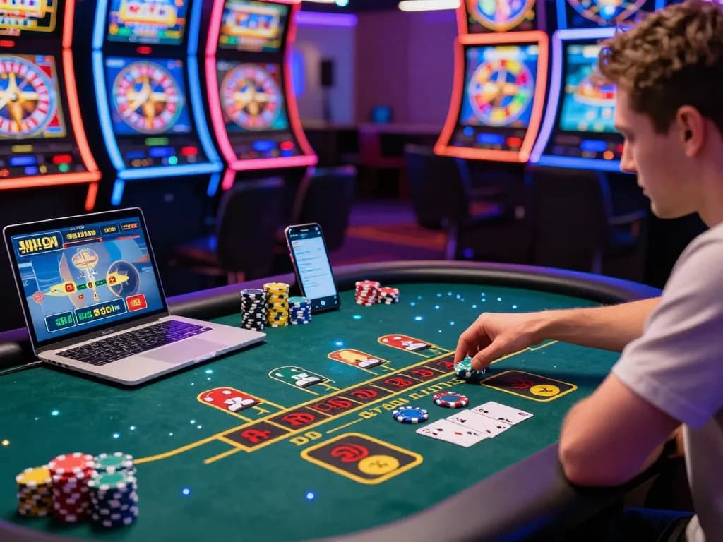 Player enjoying a Baccarat game at an online casino, showcasing the vibrant atmosphere of 바카라사이트 with chips and digital interface