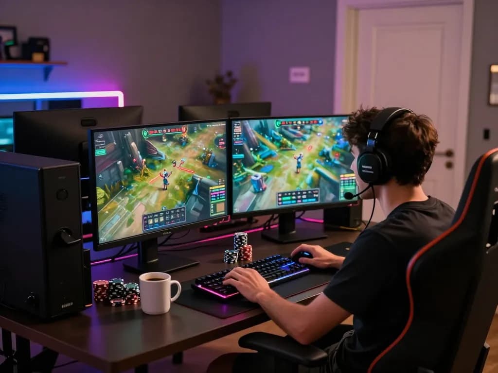 Engaged player celebrating a win at mantra88 login on dual monitors in a dynamic gaming setup.