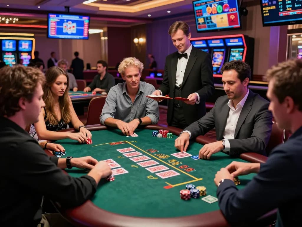 Exciting live casino game scene at https://bong99.pro/ with players engaged in blackjack and poker amidst vibrant lighting.