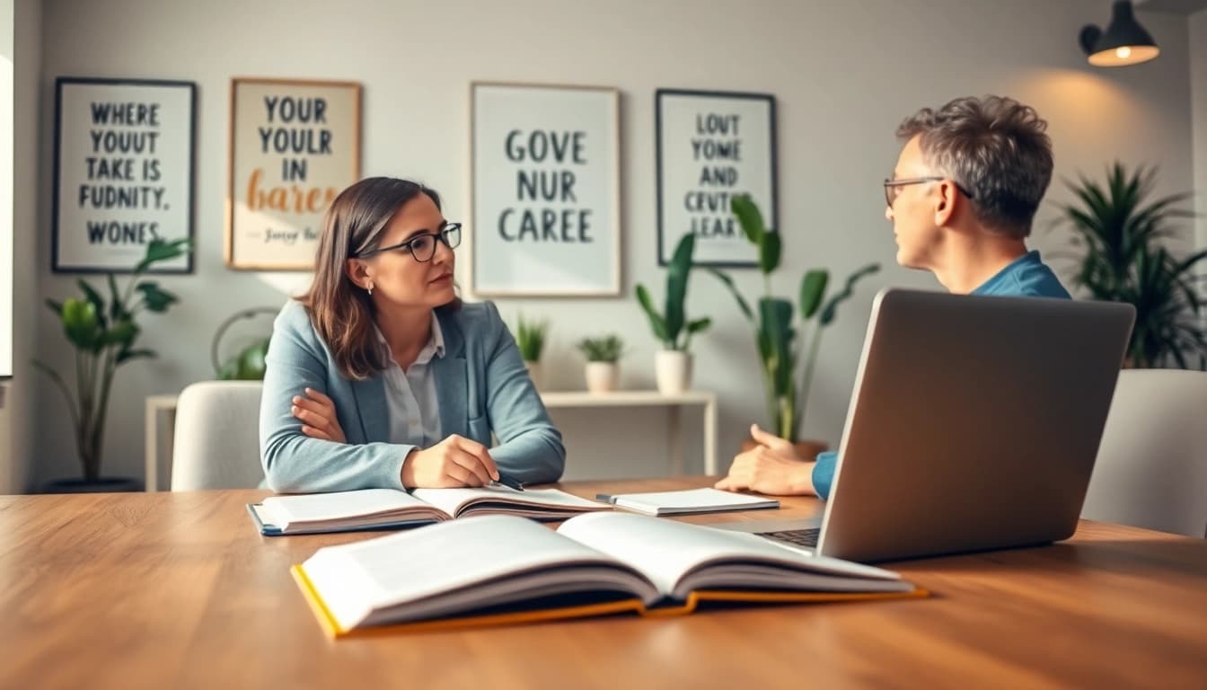 Engaging Career coaching session between a coach and client in a bright office.