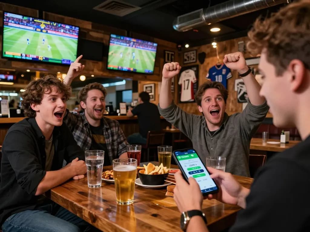 Enjoying sports betting with the sbobet app at a lively sports bar.