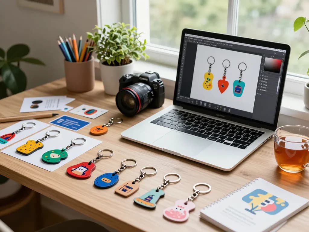 Custom keychains displayed in a cozy home office environment highlighting creative design elements and workspace.