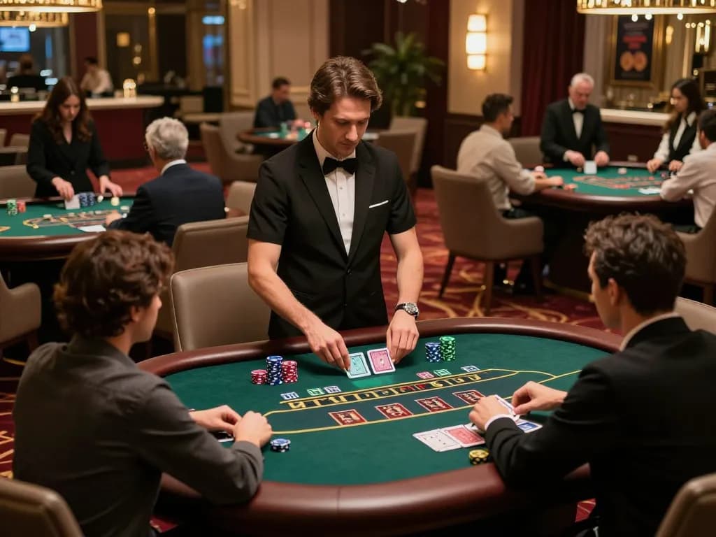 Players engaging in strategic blackjack gameplay at 56win.com casino, showcasing a sophisticated atmosphere.