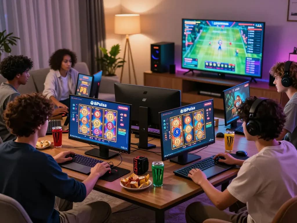 88Pulsa online gaming scene with players enjoying vibrant slot games at home