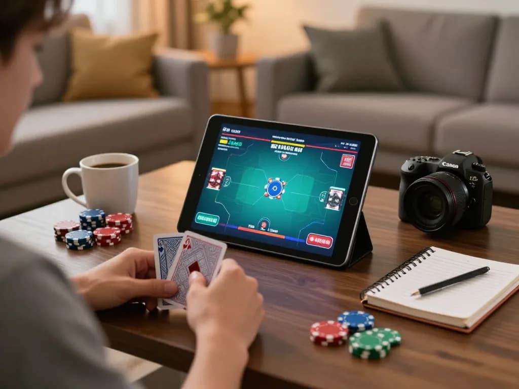 Engaging home poker gaming scene on tablet showcasing sky88pl interface with cards in hand.