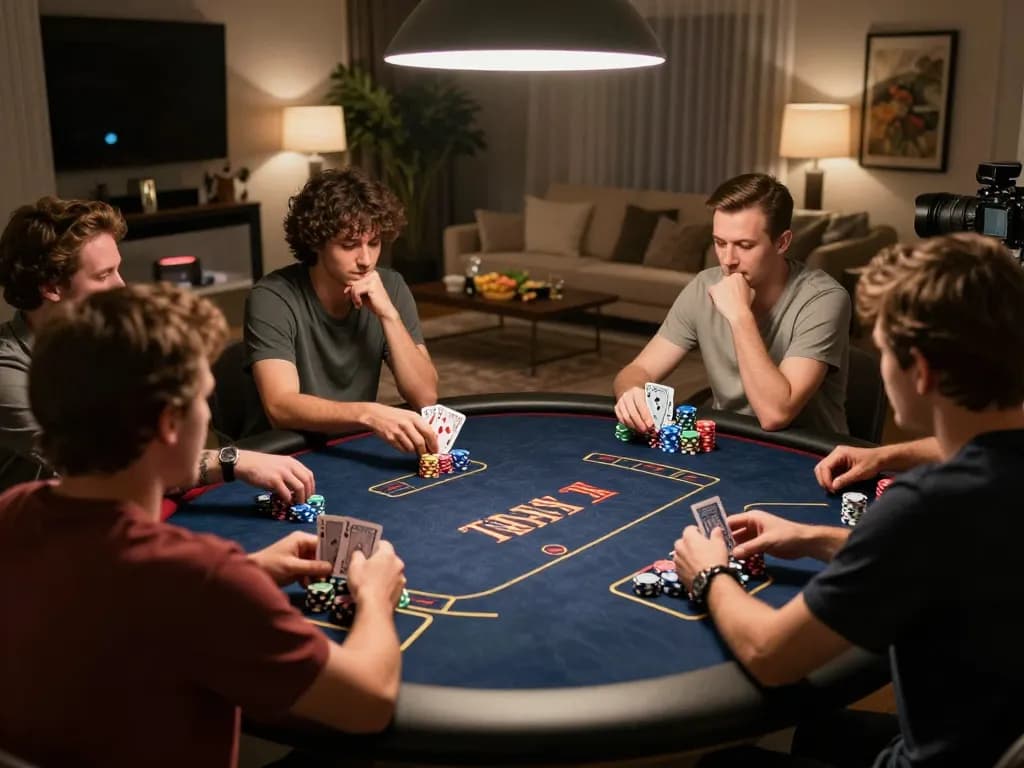 Engaging poker night scene featuring strategic players at 888 VI card table with colorful chips