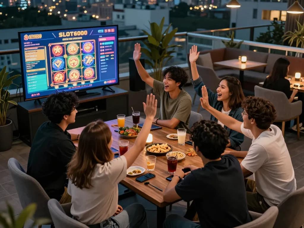 SLOT6000 online gaming celebration with friends enjoying wins, snacks, and vibrant casino graphics