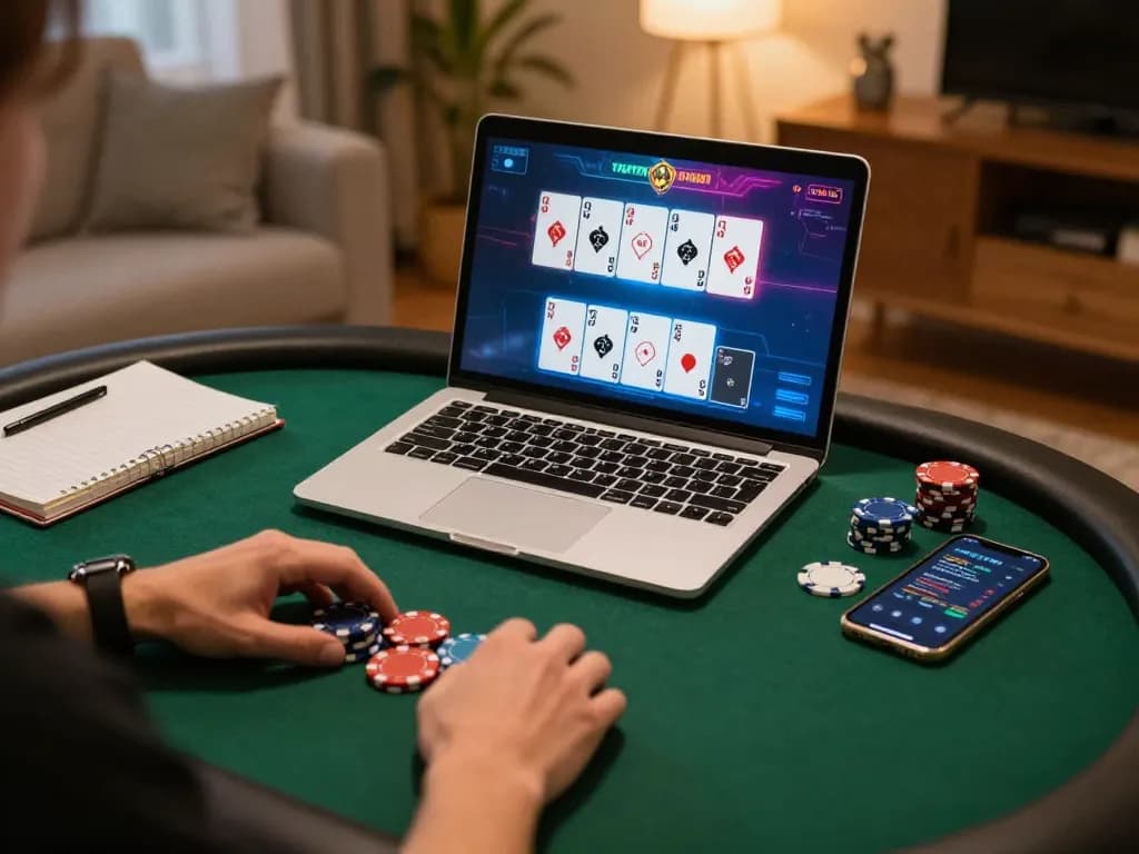 Engaging in a thrilling poker game on uc88 vom with strategic betting notes at home.