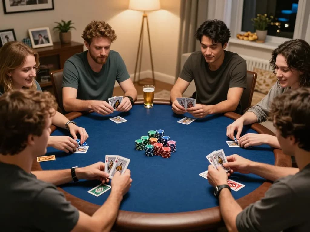 SAY88 poker night with friends gathered around a table, showcasing cards and chips in an inviting atmosphere.