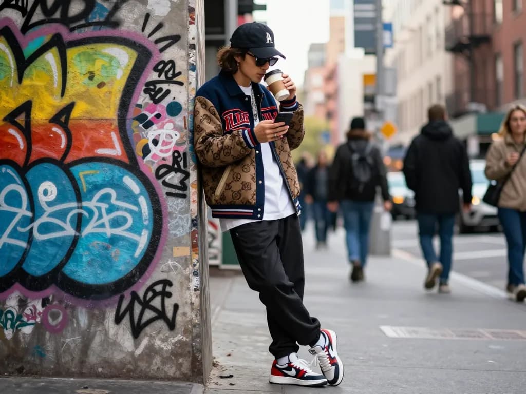 Stylish individual in 레플리카 fashion apparel against a graffiti wall in a city