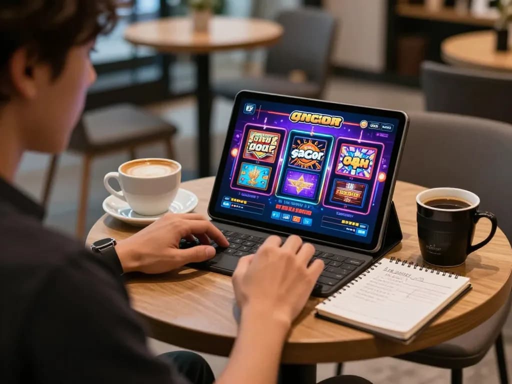 Player experiencing slot gacor excitement on tablet, engaged in online gaming strategy at café.