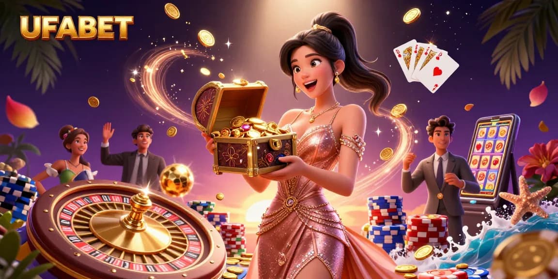 Experience the excitement at UFABET with a stunning treasure chest full of coins and gems amid vibrant casino elements.