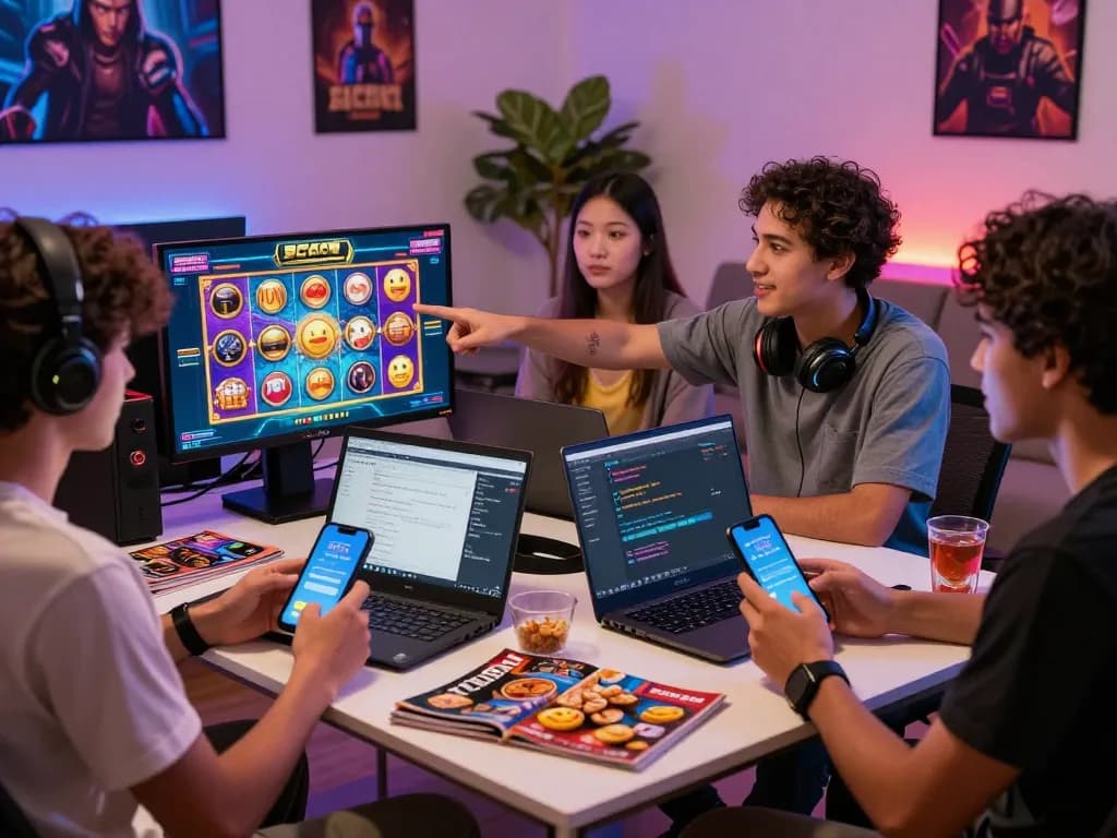 Excited players engaged in slot gacor gaming with devices, enjoying a lively atmosphere.