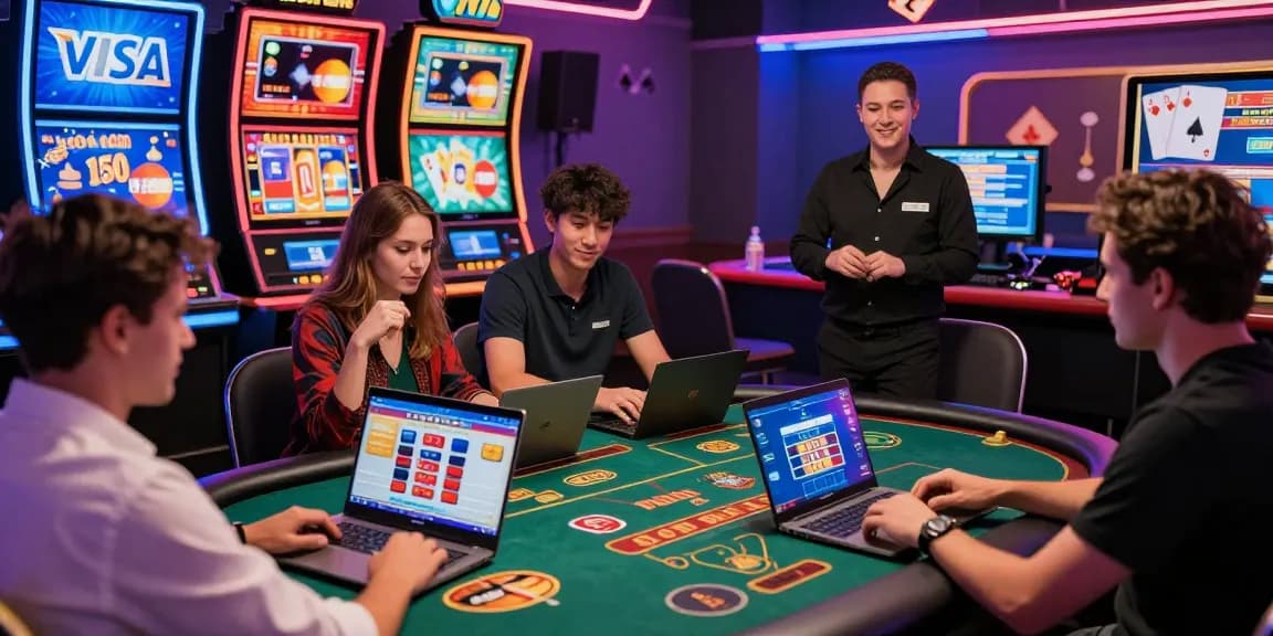 Engaging online casino environment showcasing casinos that accept credit cards with players at laptops and mobile devices.