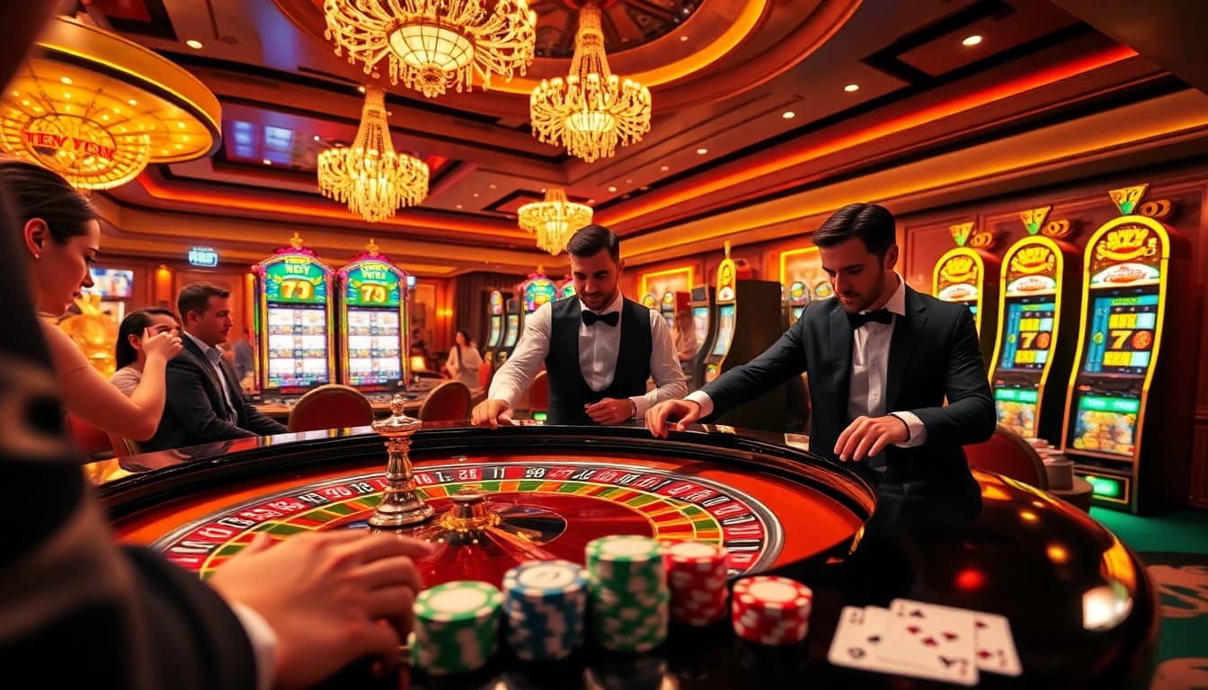 Engaging players enjoying the new 77 slot machines at an upscale casino.