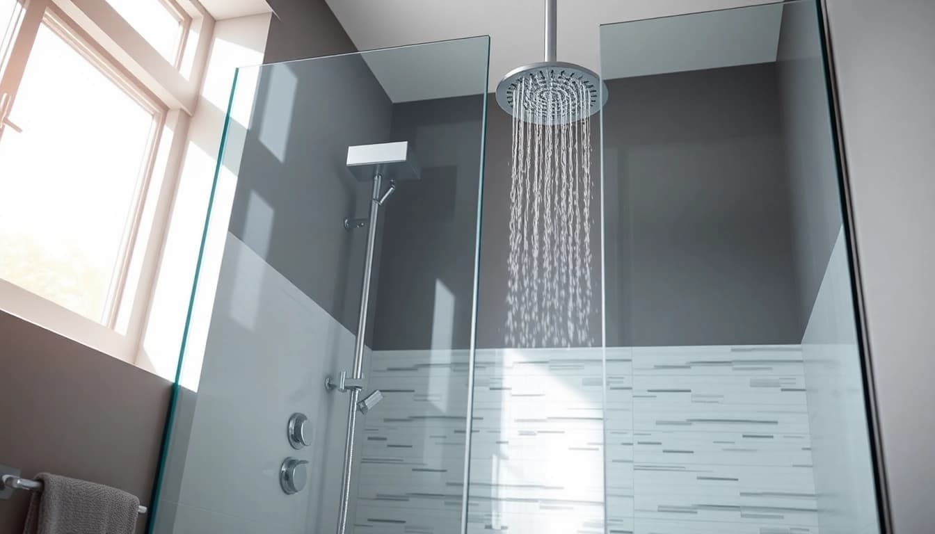 Cabine de douche italienne moderne et élégante avec des panneaux en verre et une douche à effet pluie.
