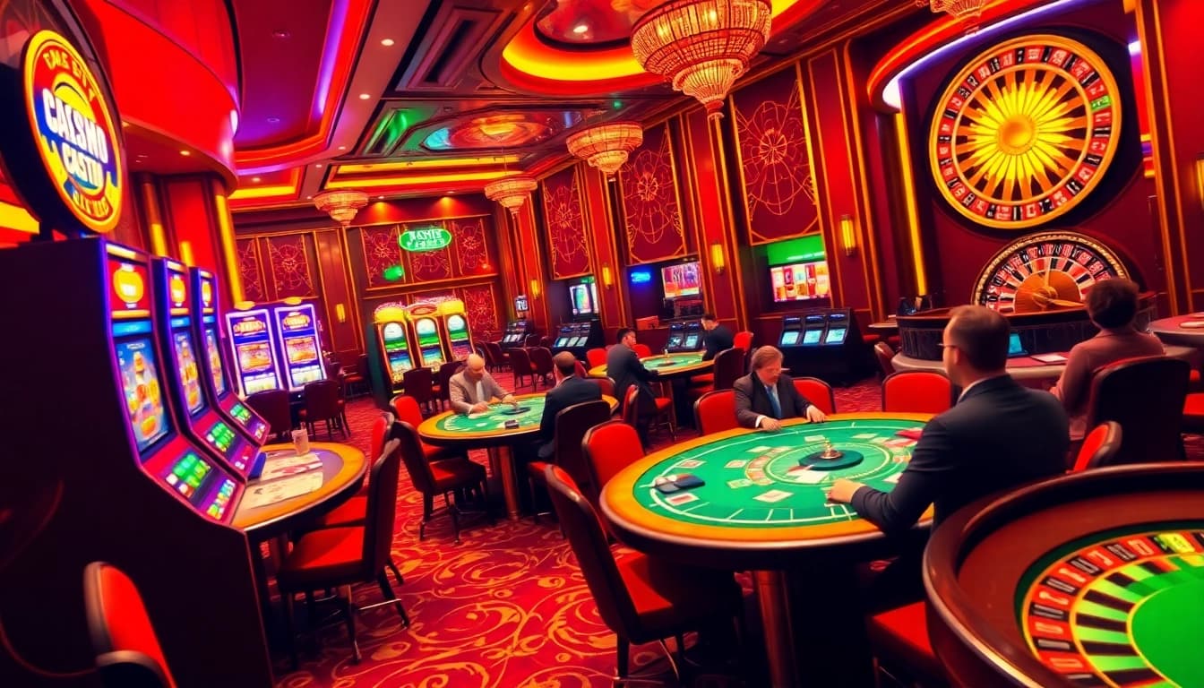 Joueurs stratégiques à une table de poker de casino en ligne de luxe, montrant excitation et compétence.
