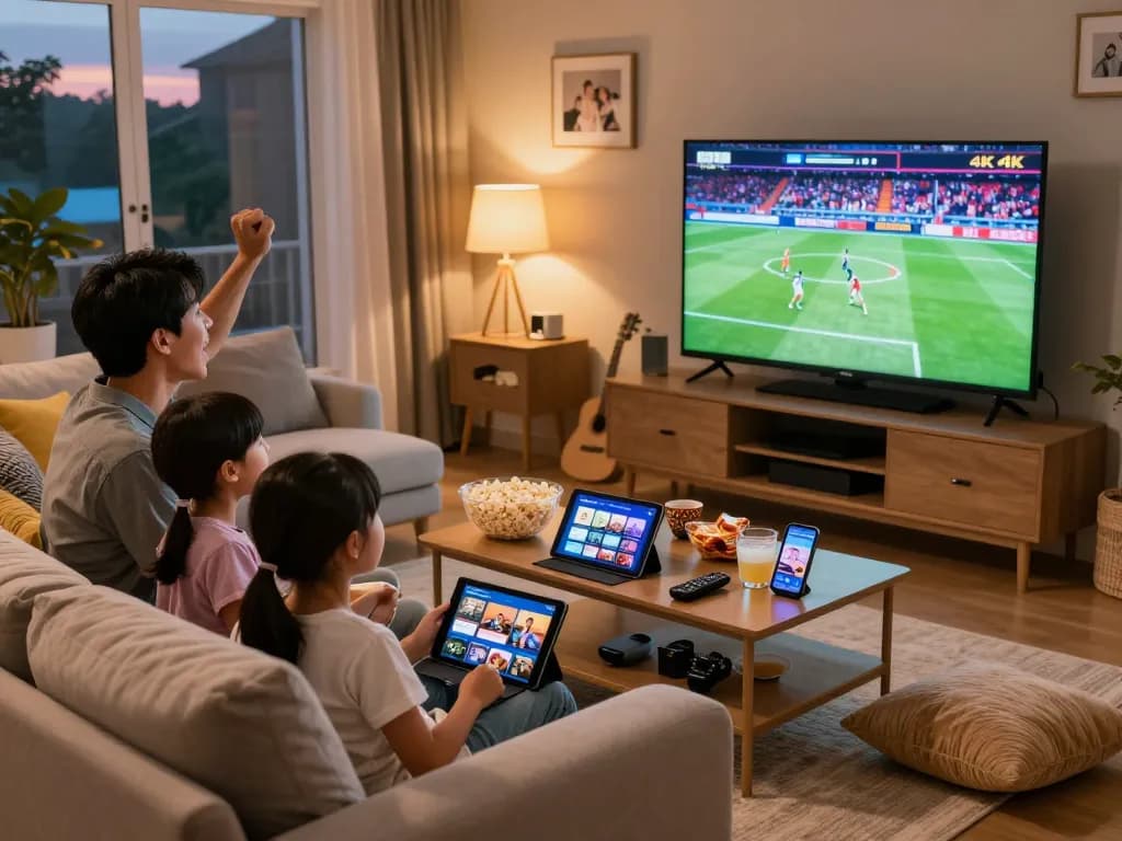 Gezin geniet van IPTV Nederland streaming in 4K met levendige sportactie