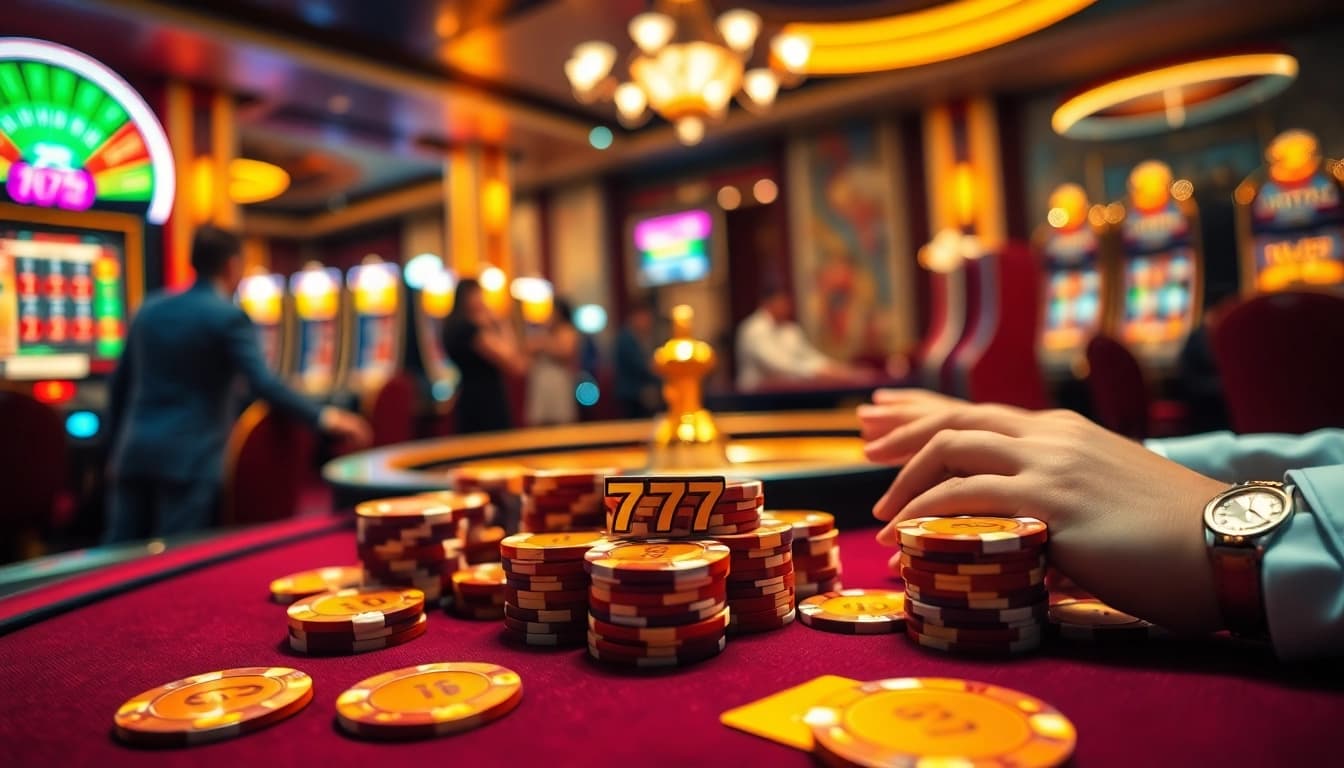 Players enjoy an exciting game at the seven77 casino table filled with vibrant poker chips and cards.