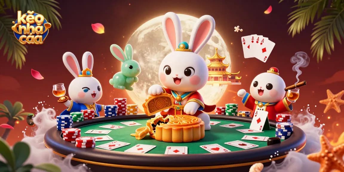 Engage with kèo nhà cái through a vibrant casino cartoon featuring poker chips and a folklore rabbit.