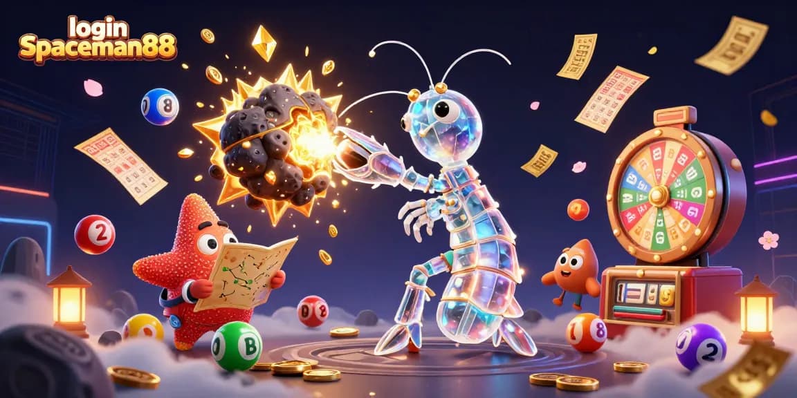 Engage with login spaceman88, exploring vibrant casino-themed treasures amid 3D fantasy characters.
