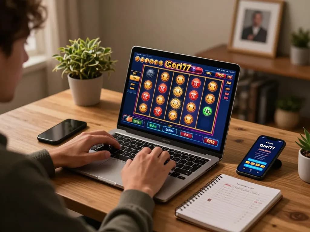 Engaging in Gori77 online slot game with vibrant interface and strategic betting notes.