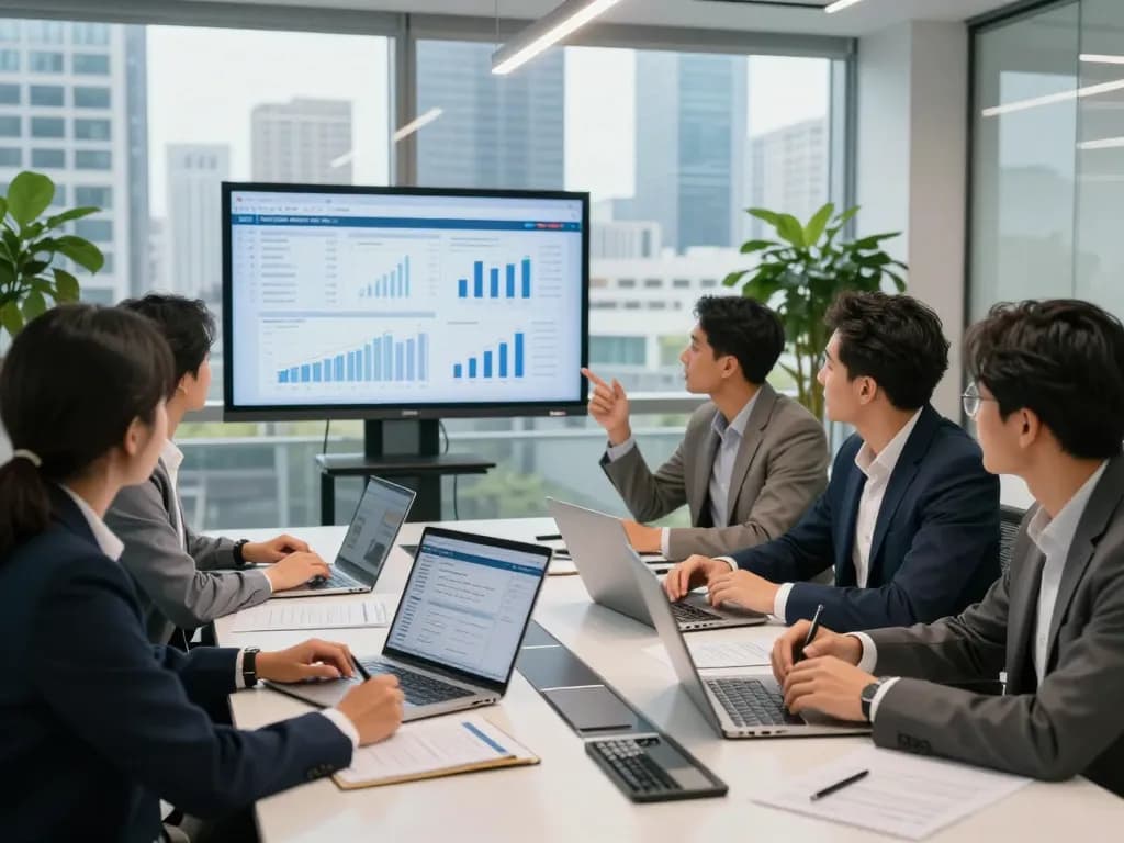 Nationwide investors group collaborating in a modern office, discussing real estate strategies.