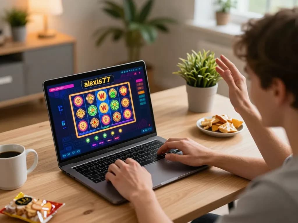 Player celebrating a win on alexis77 online casino platform, showcasing a colorful slot game