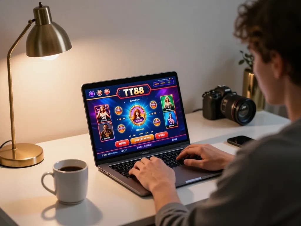 Play TT88 online casino games on a sleek laptop at home, focusing on strategic gameplay.