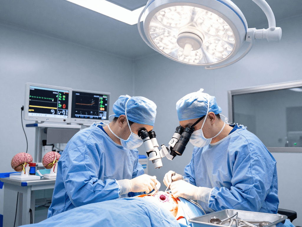 Beyin tümörü ameliyatı in a sterile operating room, showcasing precise surgical techniques and advanced medical care.