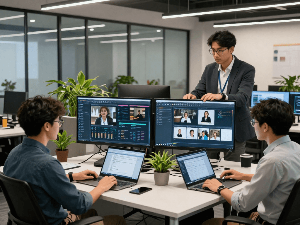 Efficient team analyzing how to detect ai image in modern office