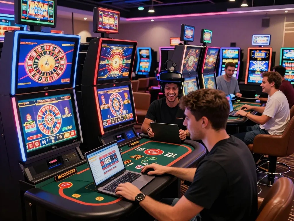 Engaged players enjoying tg88 casino games in a lively online gaming atmosphere, showcasing slots and live dealer tables.
