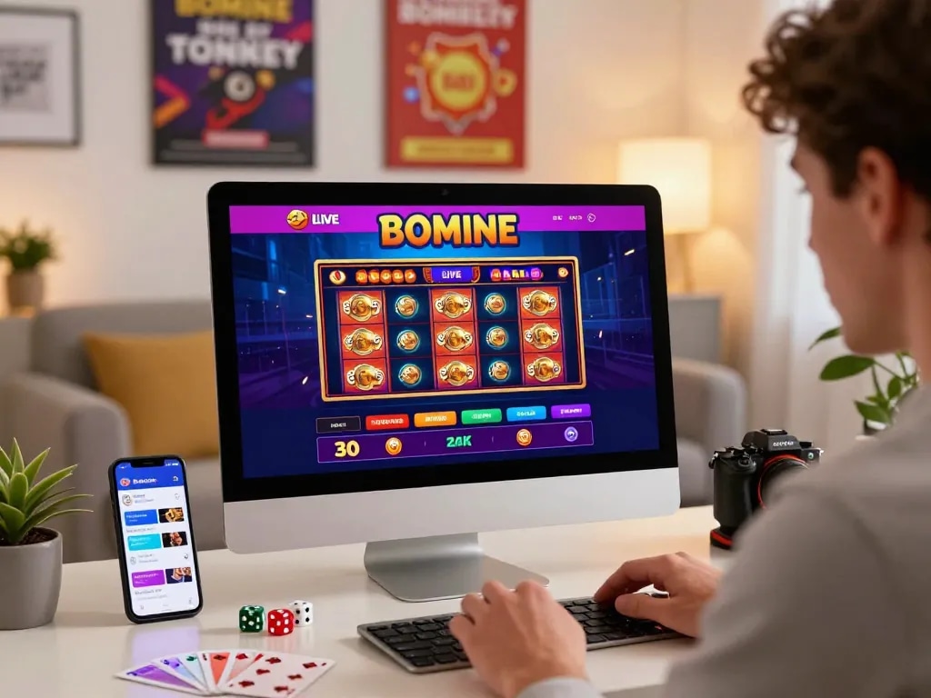 Engaged user exploring wraungtoto online gambling platform with colorful interface and promotional banners in modern home office.
