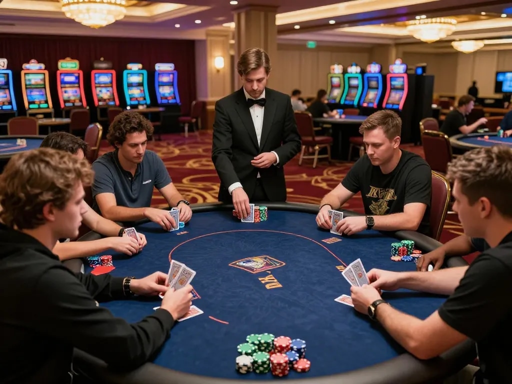 Các người chơi tham gia chiến lược với m88 link mới nhất trong một giải poker tại một sòng bạc sang trọng.