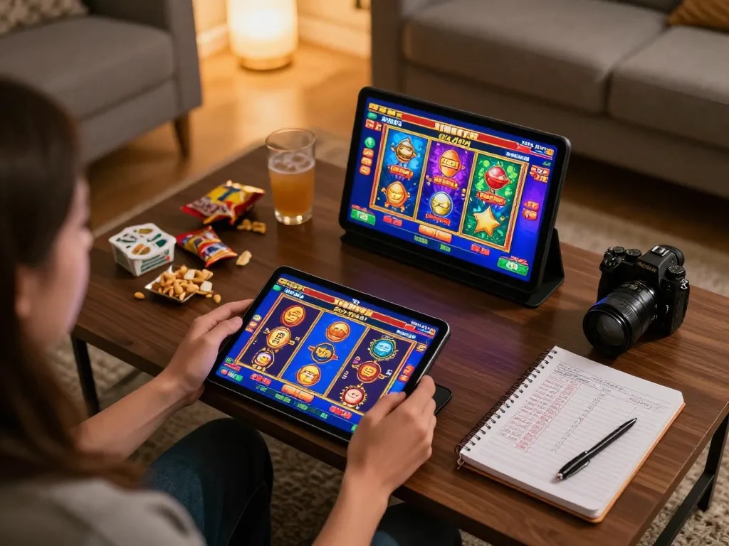 Engaging in slot bonus new member 100 gameplay on tablet in a cozy living room during evening