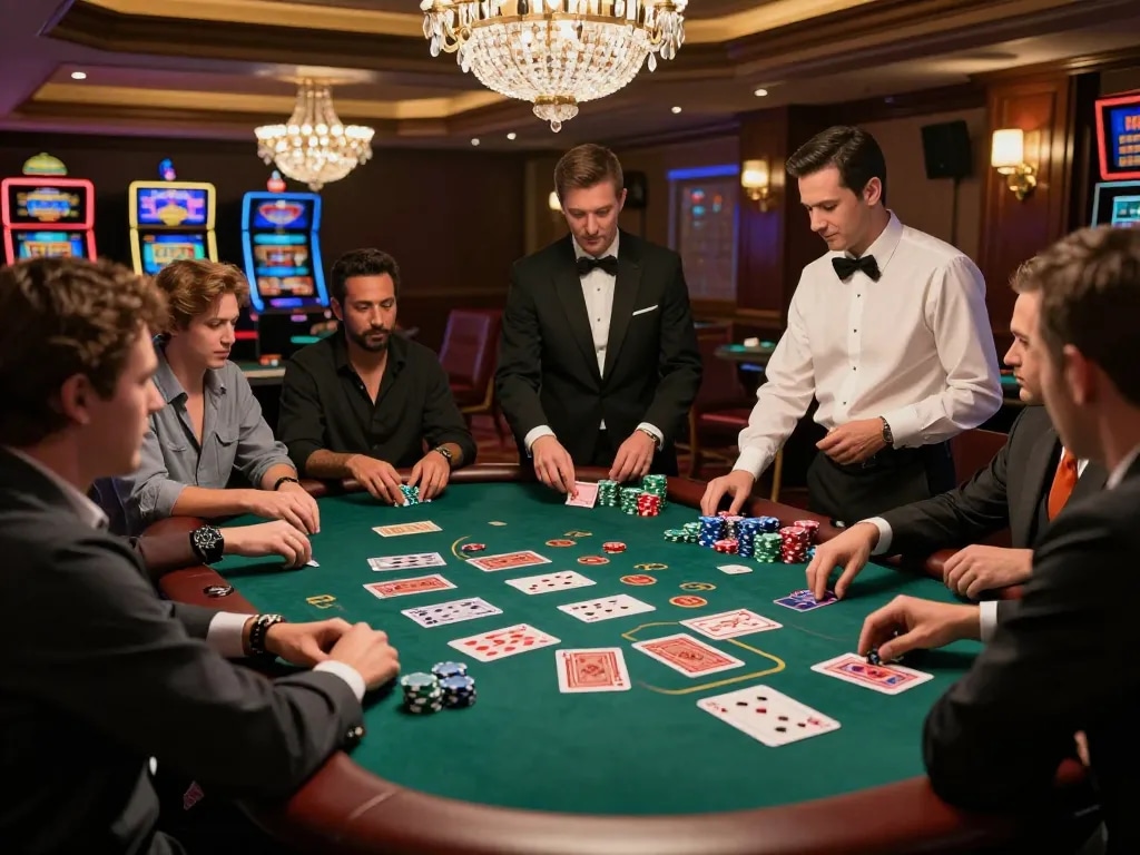 Players enjoying a strategic game of blackjack on the elegant casino floor, embracing hidden wiki tor connections.