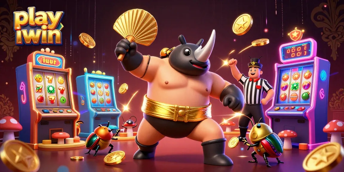 Play iwin with a thrilling beetle sumo champion in a vibrant casino scene.
