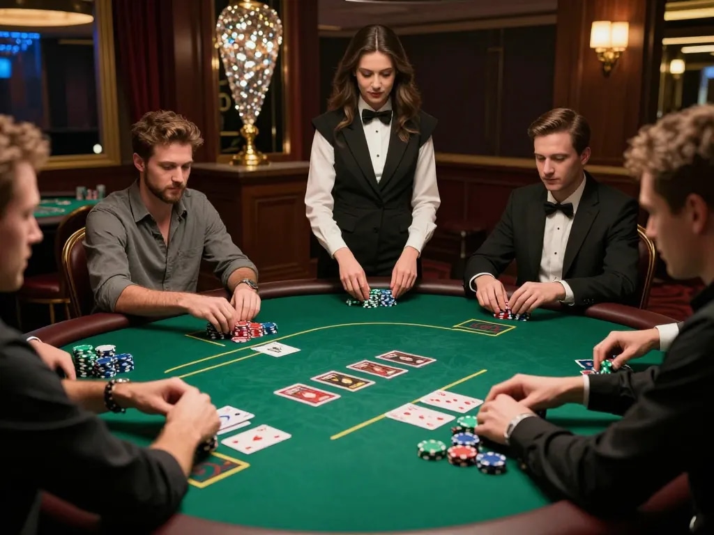 Engaged players at a nhà cái shbet poker table analyze their hands in a stylish casino environment.