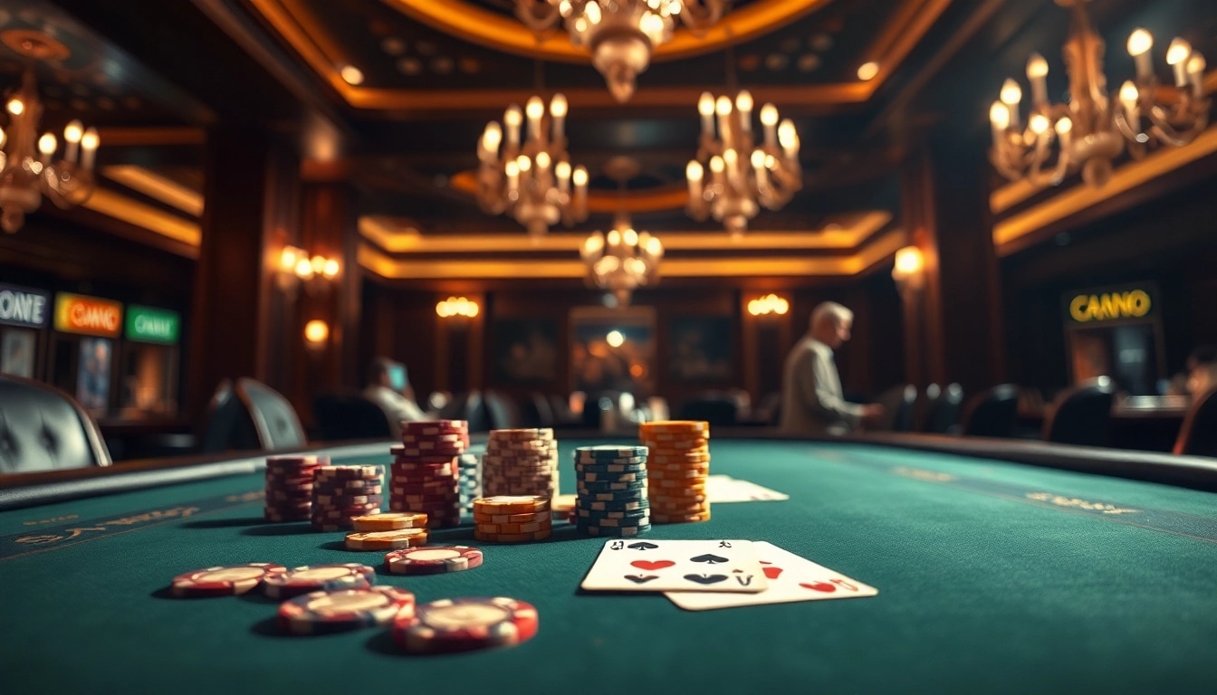 Permainan poker ibet44 dengan suasana kasino yang mewah dan pencahayaan dramatis.