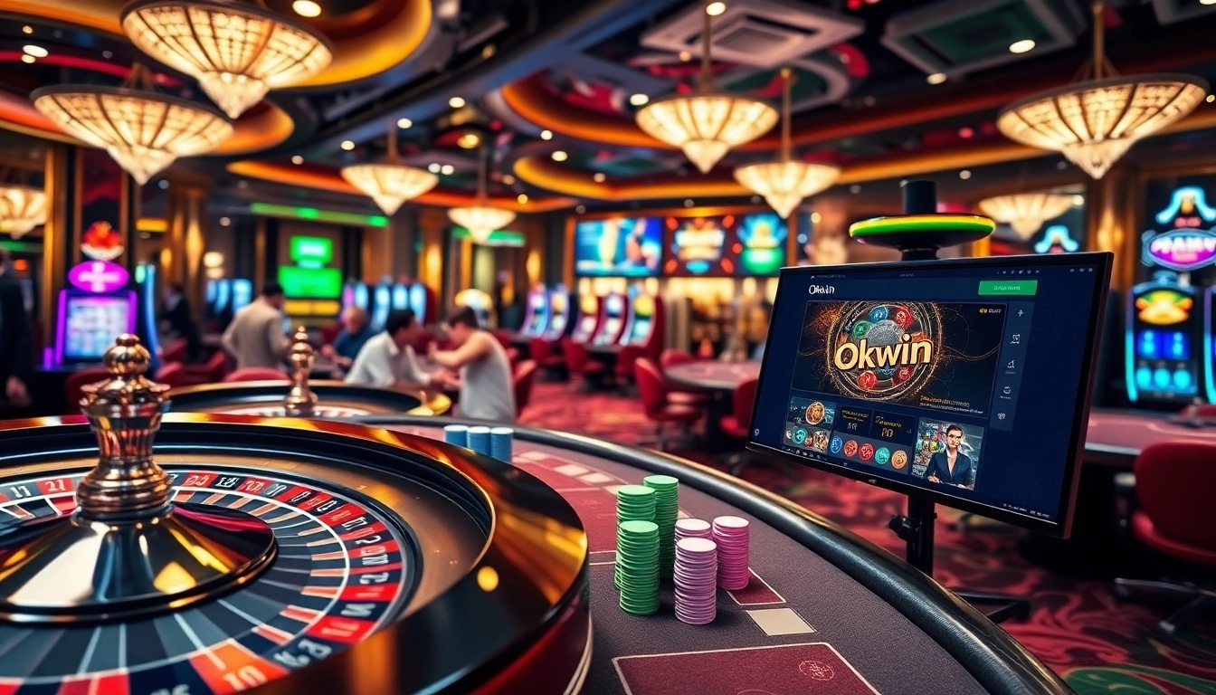 Engaging players enjoy games at Okwin online casino with vibrant roulette and poker tables.