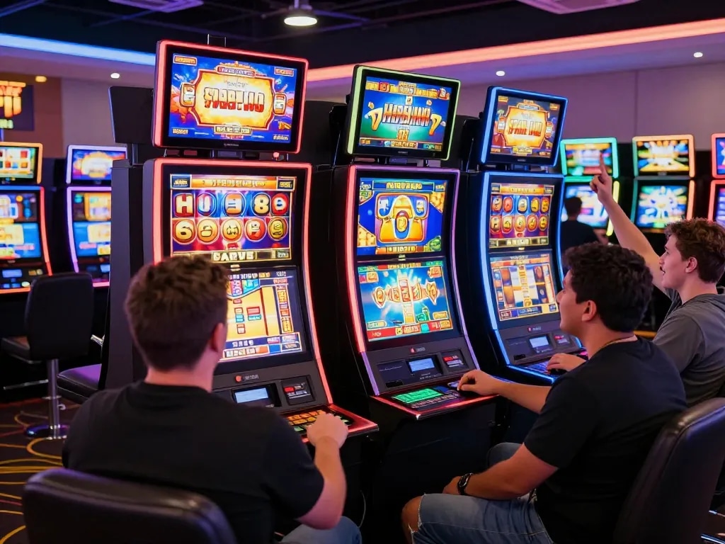 Pemain berinteraksi dengan mesin slot laoban188 dalam suasana kasino online yang meriah, menunjukkan kegembiraan dan kemenangan.