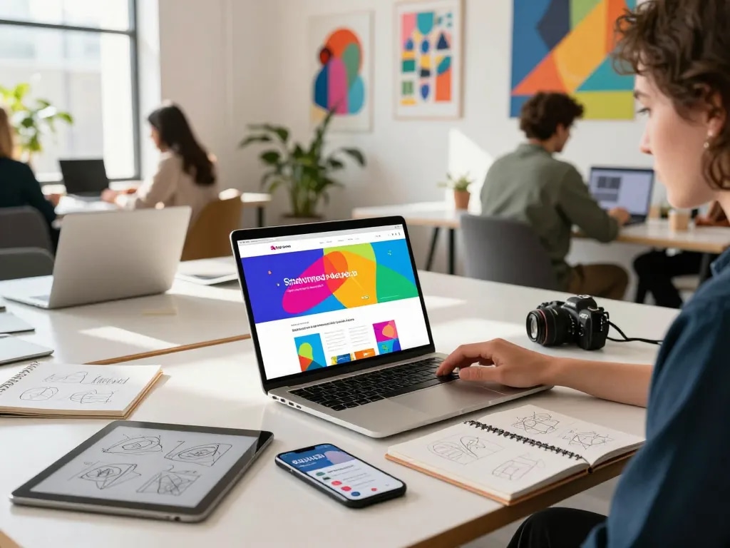 Dynamic workspace with a freelance website designer creating vibrant website mockups amidst collaborative energy.