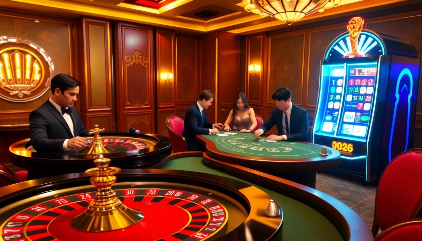 The hidden wiki 2026 showcases a luxurious casino atmosphere with poker tables, roulette wheels, and engaged players.