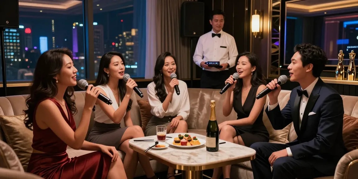 강남쩜오의 고급 프라이빗 노래방에서 친구들과 함께 즐거운 시간을 보내는 모습
