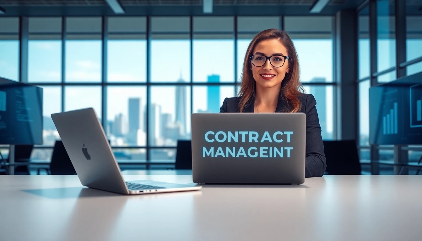 Engaging scene of contract management software in action, showcasing a modern workspace.