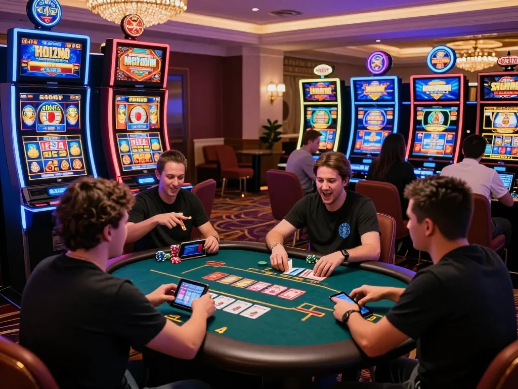 Excited players engaging with Ligasedayu's online casino games in a vibrant digital environment.