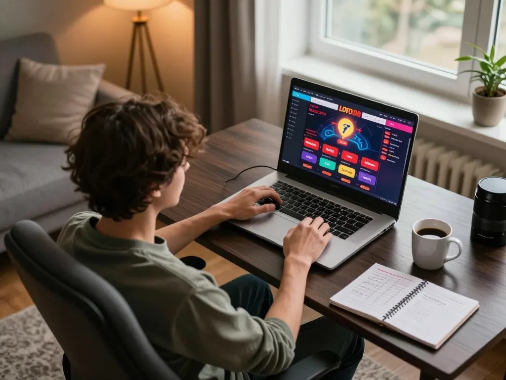 Player engaging with the LOTO188 platform on a laptop in a cozy home gaming setup.