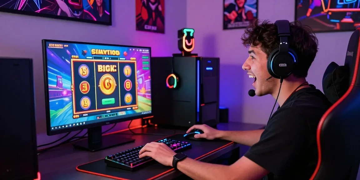 Excited player enjoying slot gacor game at modern gaming setup with vibrant screen and LED lights.